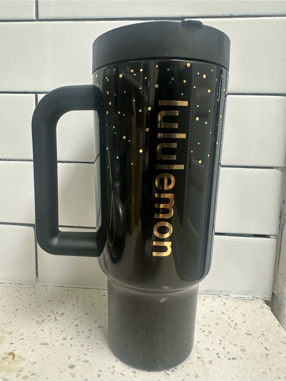 lululemon Black Travel Mug with Gold Logo and Dots No Straw..:(